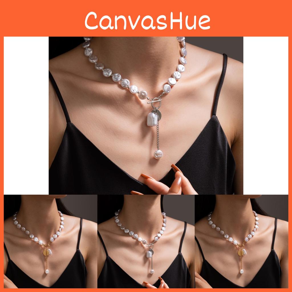 Minimalist Baroque Trendy Flat Pearl Choker Necklace For Women Featuring Geometric Elements
