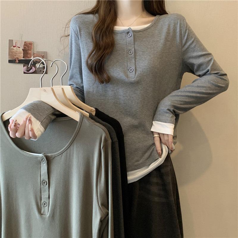 Real shot cotton loose long-sleeved T-shirt women's season versatile fake two-piece design niche top