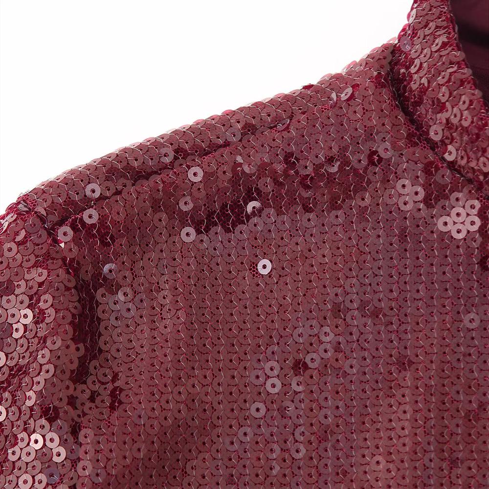 Sequin Patchwork Design Women's Dress - Spring/Summer 2025 Collection, Round Neck, Long Sleeve, Wide Hem, Solid Color