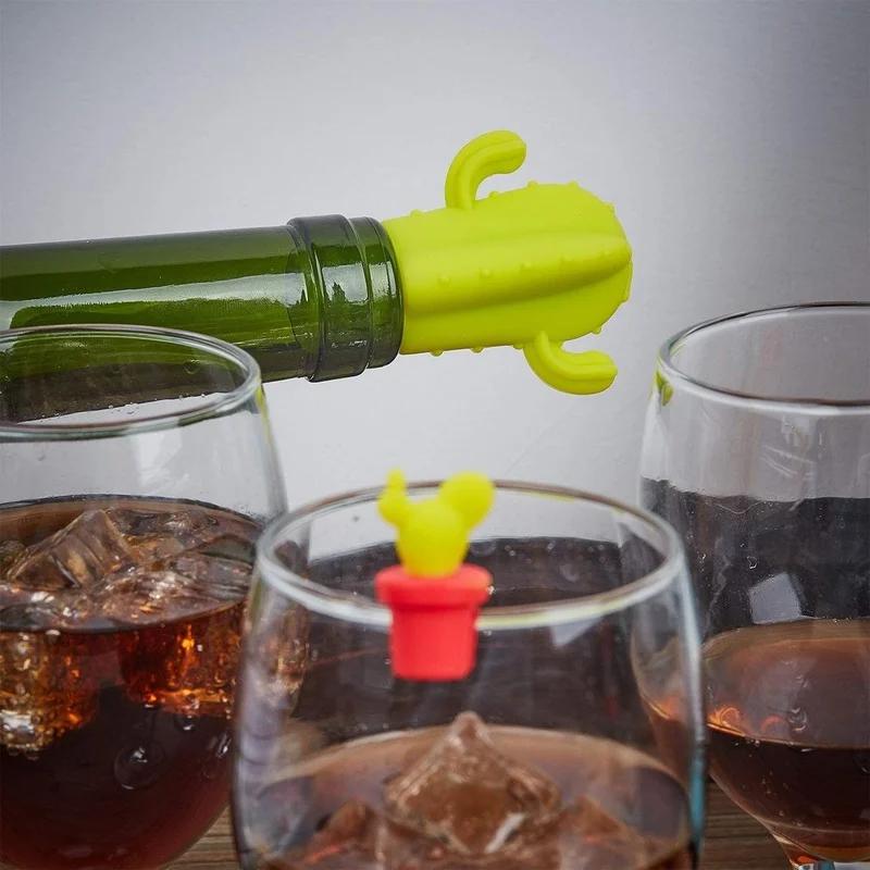 Kreativ Kaktusform Vinstopp Flaska Stoppförslutning Pluggar Dedikerad Kopp Vinglas Silikon Etikett Markör Kaktus