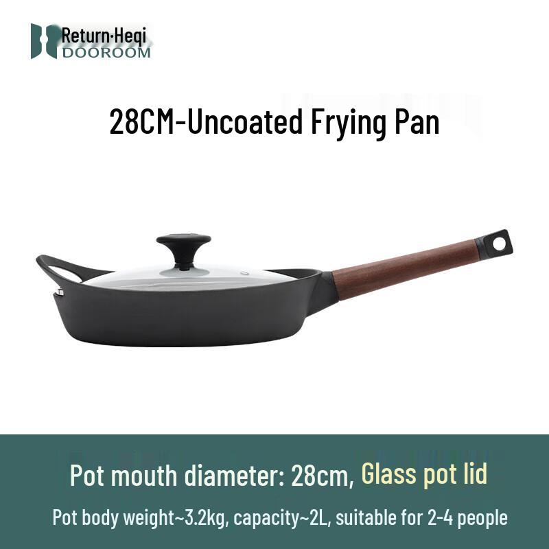 Gui.Heqi 28CM Cast Iron Frying Pan with Glass Lid