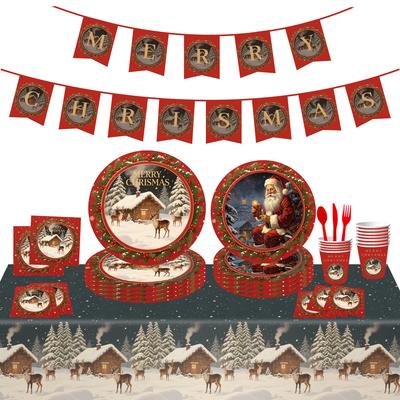Classic Vintage Christmas Theme Party Decorations Disposable Paper Plates Paper Cups Tissue Tablecloth Set