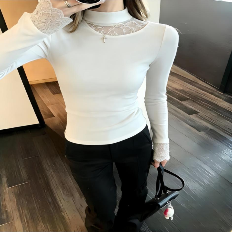 Women's Slim-Fit Fleece-Lined Black High-Neck T-Shirt with Lace Splicing Sleeves, Ideal for Autumn and Winter