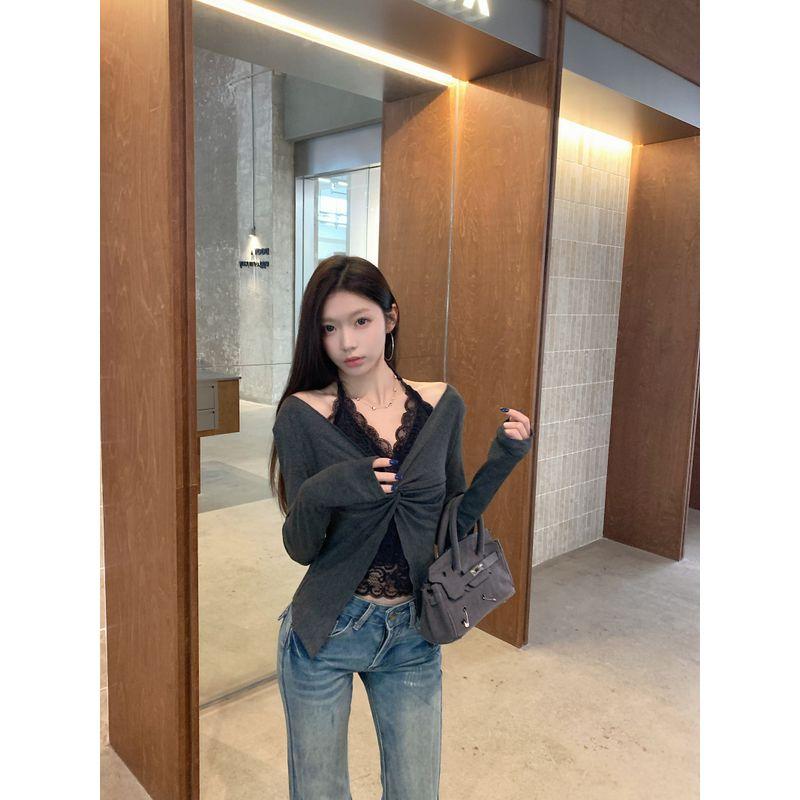 Kumikumi Pure Desire Style Lace Patchwork Fake Two-Piece Long Sleeves T-shirt Women's Autumn Waist Twist Easiest for Match Tops