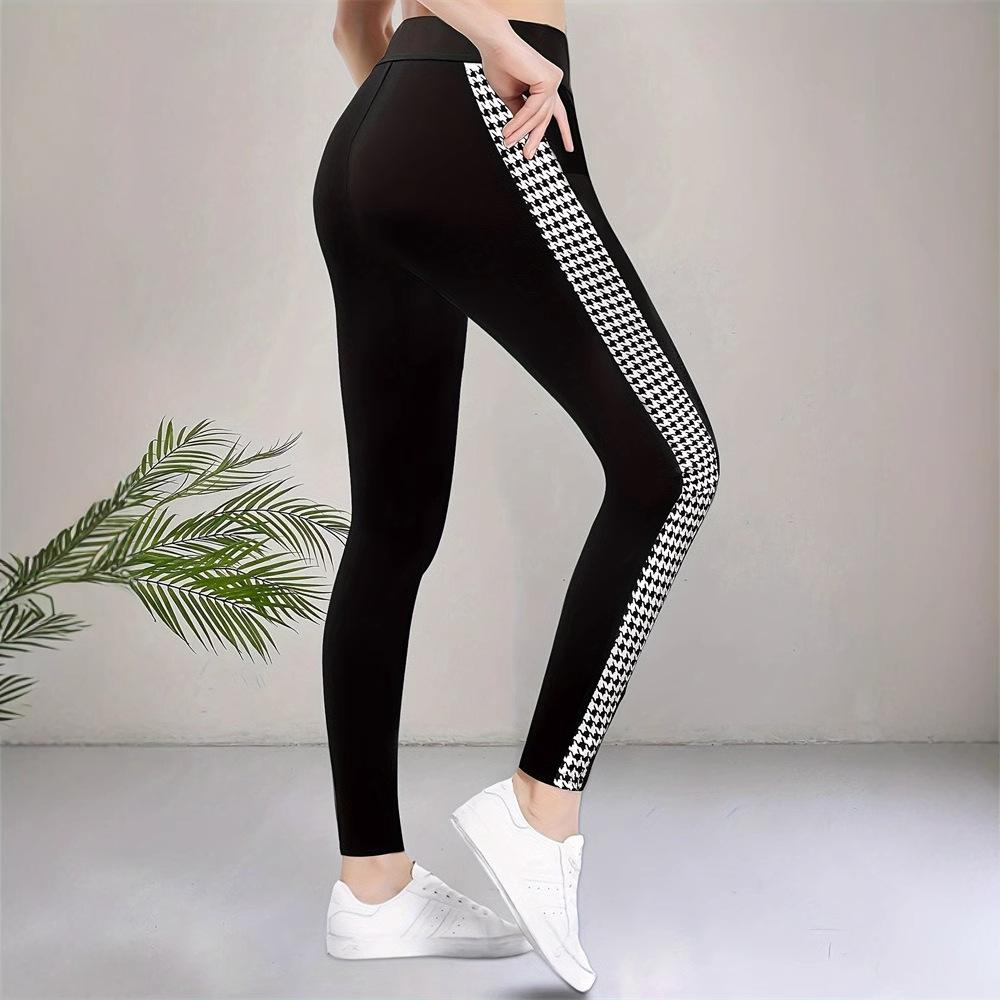 Women s summer high waist elastic tight body print foot slit casual pants trousers S чёрный