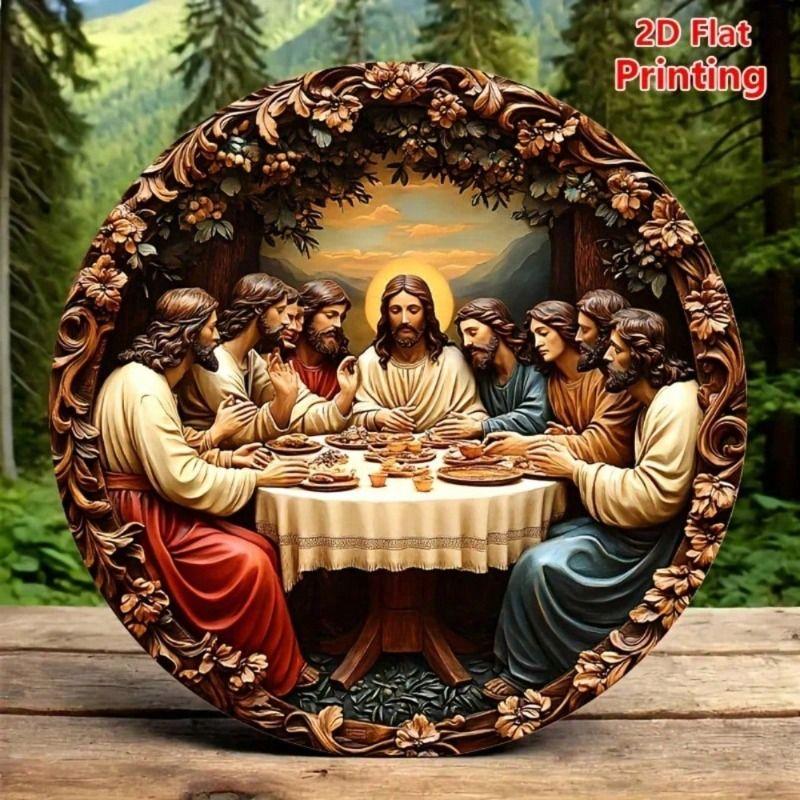Metal Poster Wall Art Last Supper 8x8 Inch Round Religious Church Decor