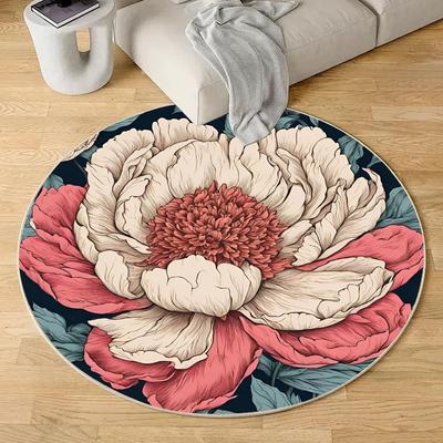 Vintage Blumenmuster Runde Teppiche Pfingstrose Pflanzen Illustration Kunst Teppich Weich Rutschfest Saugfähig Heimdeko Matte für Büro Küche