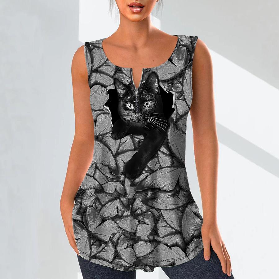 Women's Fashion V Neck Shirts Casual Tops T-shirt Ladies 3D Black Cat Print Vest Plus Size Sleeveless Blouse Tank Tops