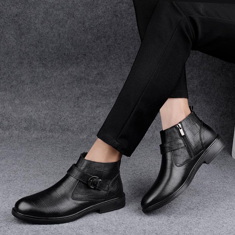 Retro Herren Hochwertige Lederstiefel Mode Schnalle Chelsea Boots für Herren Business Stiefeletten Warm Elegant Soziale Oxfords Männlich