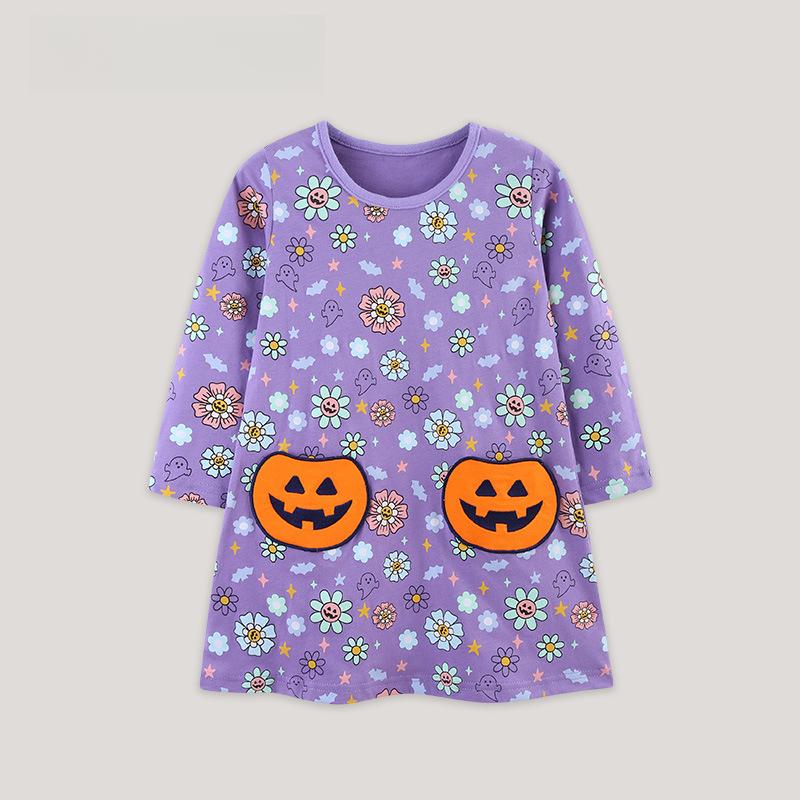 Girls Autumn Crew Neck Girls Dress Halloween Patch Long Sleeve Skirt