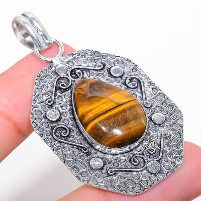 Tiger Eye Handmade Gemstone 925 Sterling Silver Jewelry Pendant 2.25" a0T73
