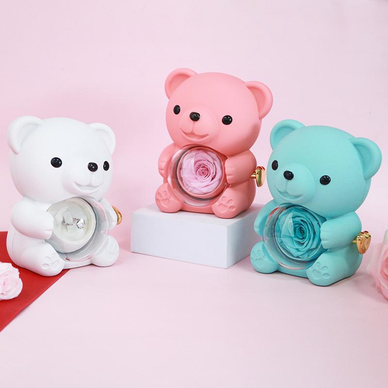 Rotating Acrylic Jewelry Box with Teddy Bear & Eternal Rose for Valentine's Day