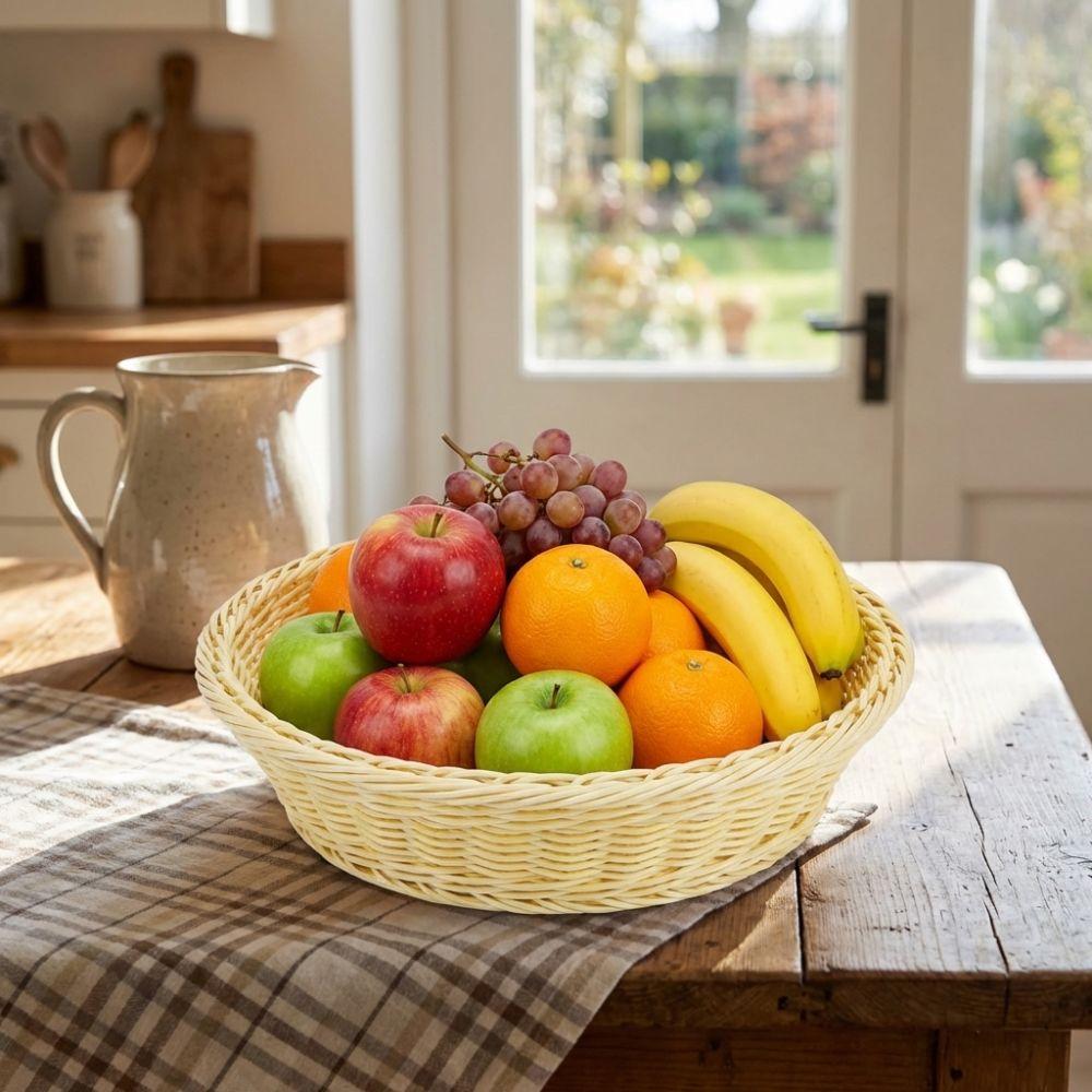 Practical Round Handwoven Fruit Basket Breathable Large Capacity Woven Storage Basket Vintage Plastic Snack Basket Bread Display