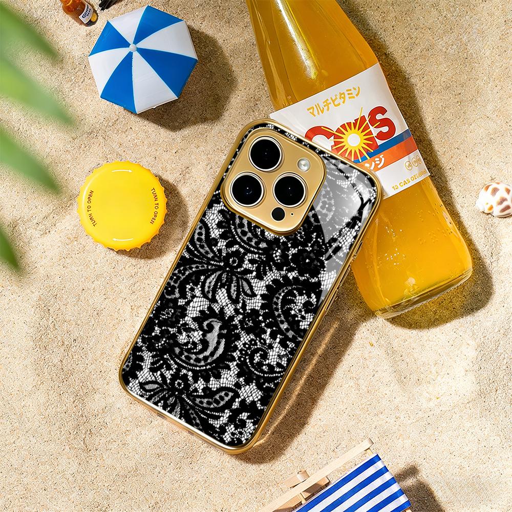

Art Lace print Black pattern design Phone Case For iphone 17 16 15 14 13 12 11Pro Plus Max Luxury Gold-plated glass Phone Case iPhone 13 Pro Max