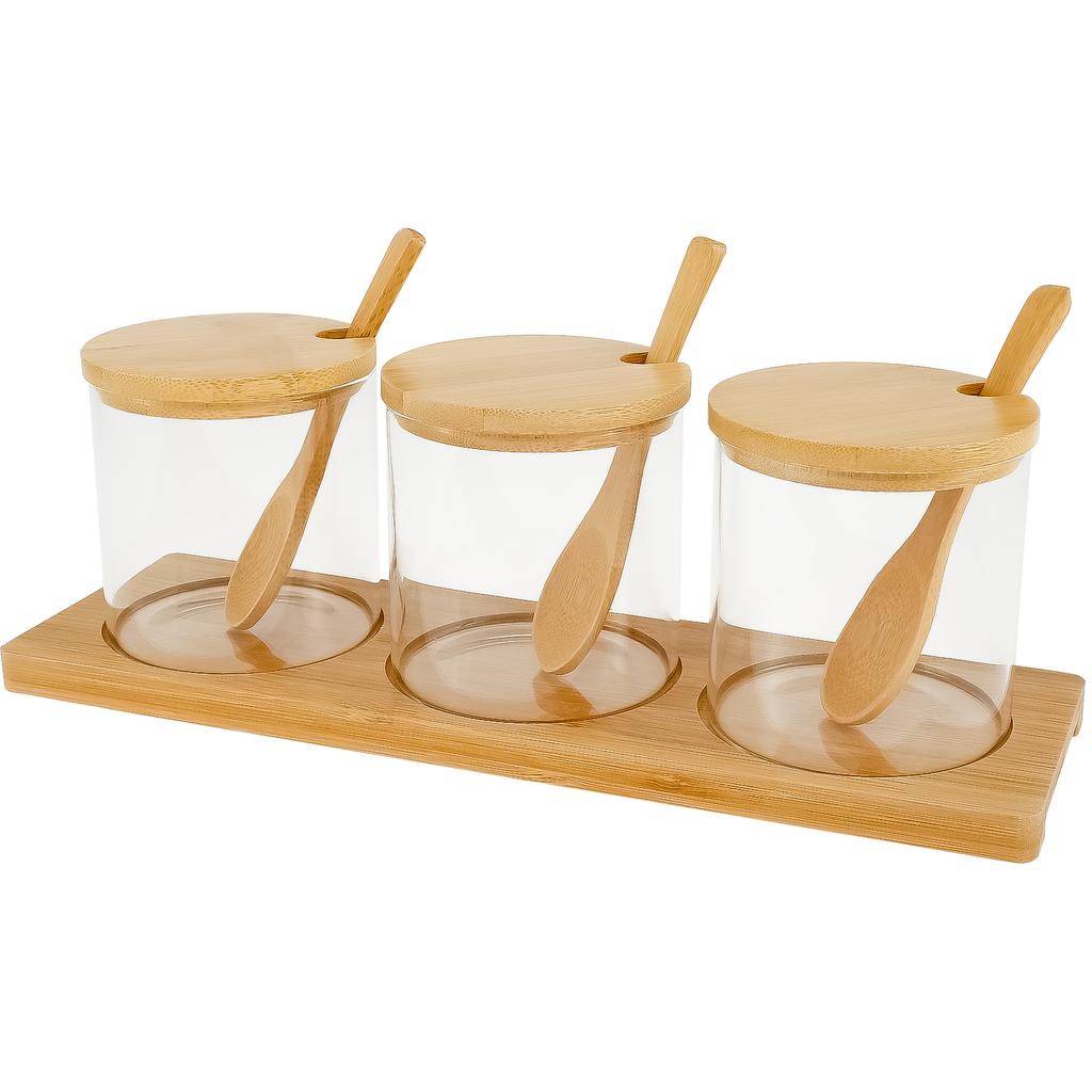 Kitchen Glass Condiment Jar Set Wood Lid with Tray Spoon Clear Spice Salt Container Dust-Proof Coffee Beans Organizer Bottle