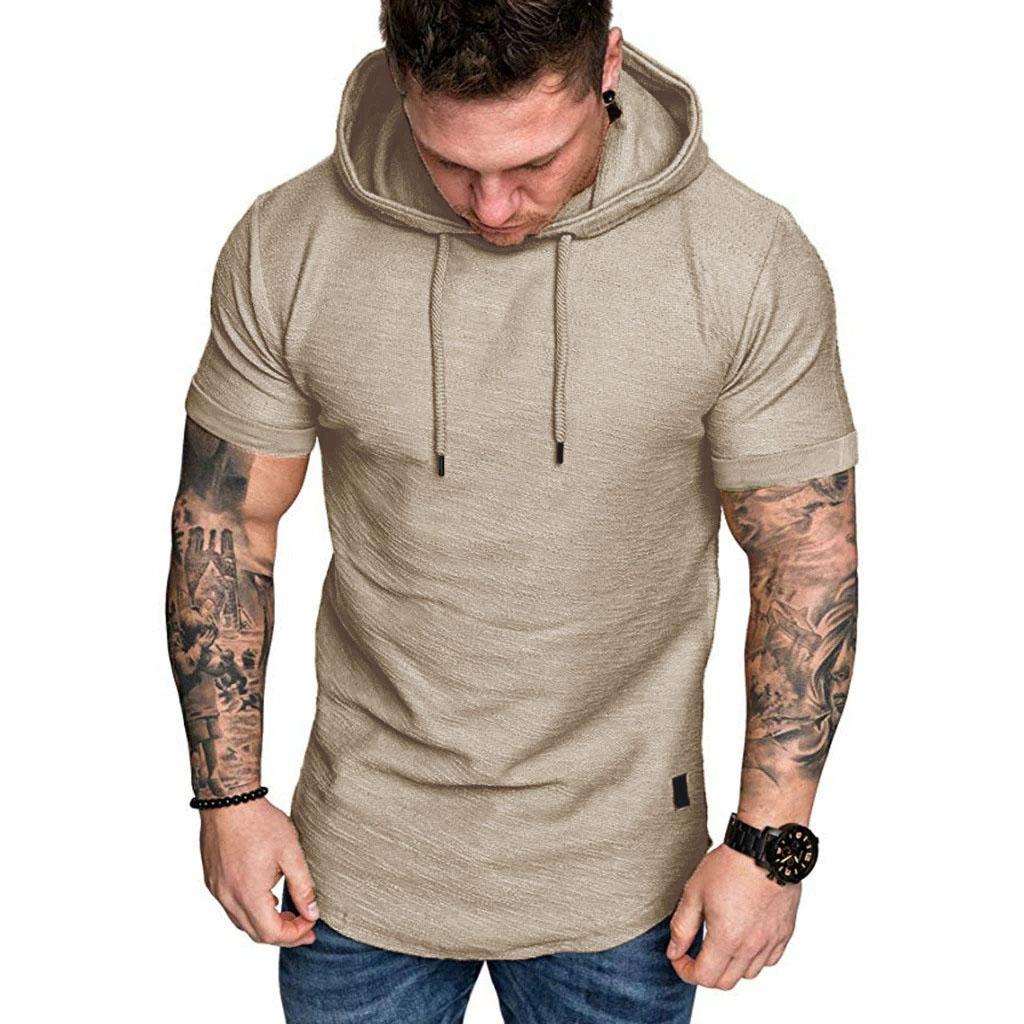 Spring Collection Men's Stylish Short Sleeve Hoodie with Front Pocket & Branded Patch - Casual Athletic Wear