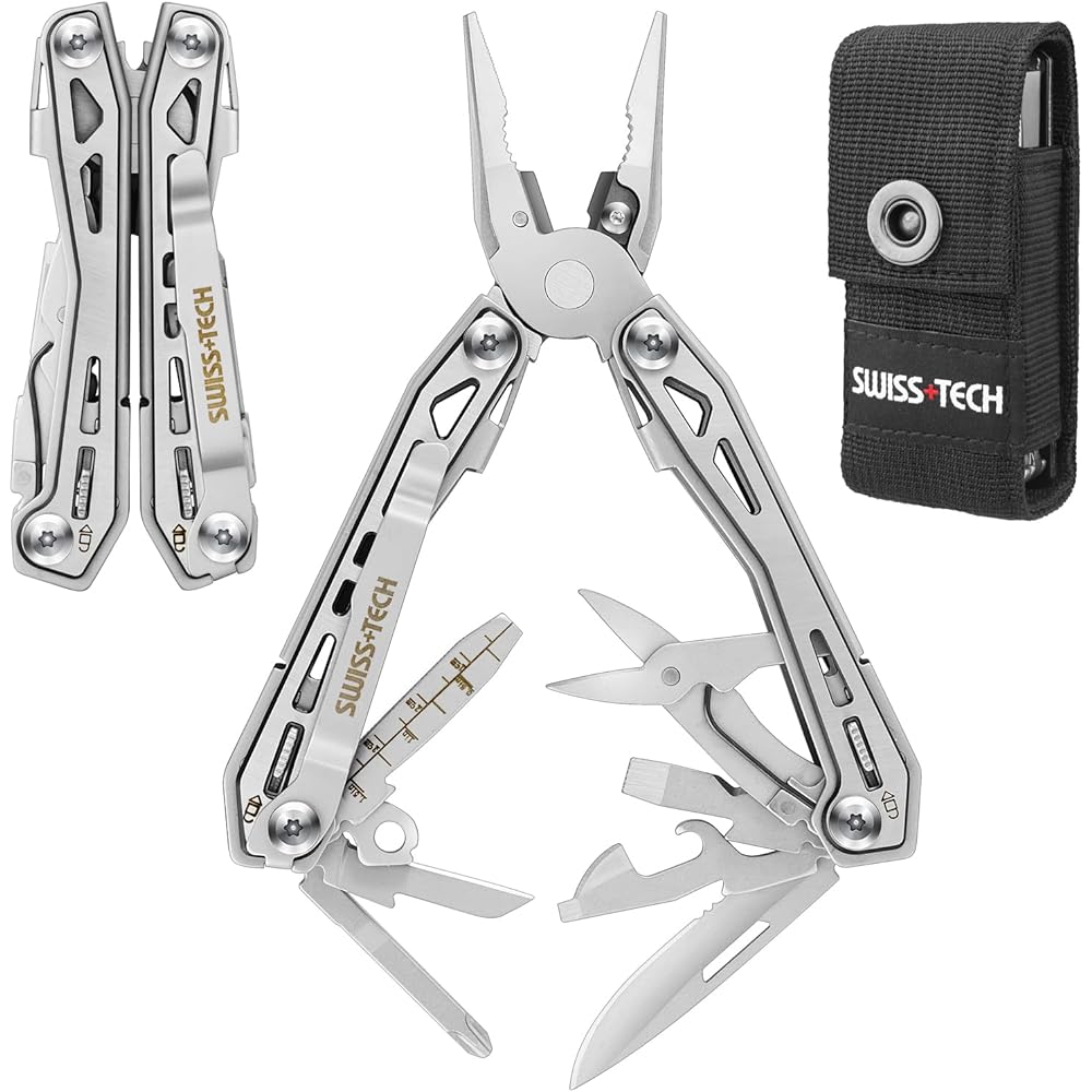 Swiss+Tech 16-in-1 Multi-Tool Pliers with Locking Function, Cutter, Screwdriver, Silver