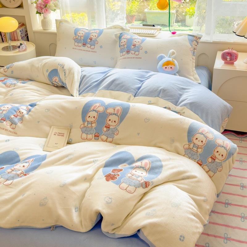 Thickened Milk Fleece Four-Piece Set, Coral Flange Double-Sided Fleece Quilt Cover, Bed Sheet, Bed Hat Three-Piece Set