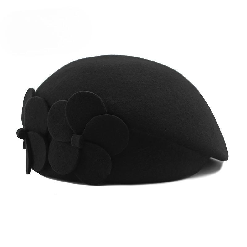 100% Pure Wool Beret for Women Elegant Floral Woolen Hat Vintage French Style Painter Cap Autumn Winter Warm Stewardess Hat Solid Color