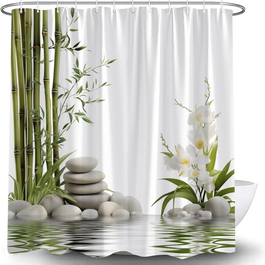 Rideau de douche pierre de spa fleur blanche feuilles vertes source d'eau plante florale décor de jardin japonais rideau asiatique avec crochets