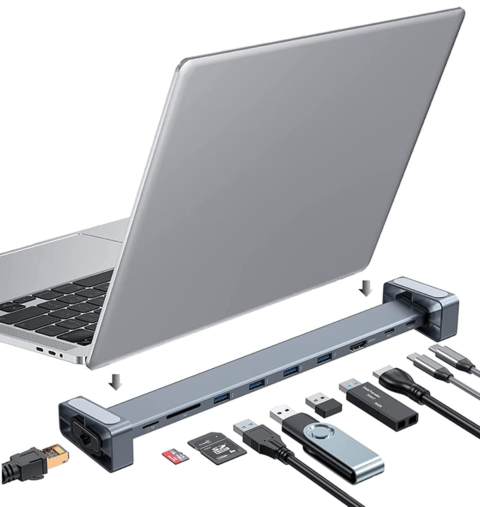 

TEZILON 9-в-1 USB-C Док-станция, Хаб-подставка для ноутбука с быстрой зарядкой PD 100 Вт, Порт HDMI 4K, Порт Ethernet LAN 1 Гбит/с, Порт USB 3.0 и Слот для карт.