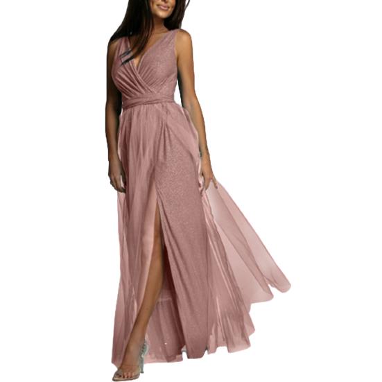 

Платье макси для выпускного вечера с глубоким V-образным вырезом, двухслойное банкетное платье до щиколотки M шампанского