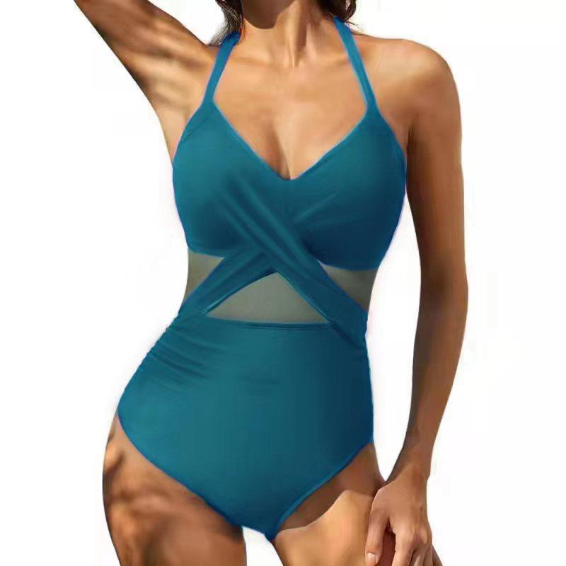 2026 New One-piece Swimsuit Cross Sexy Backless Mesh Splicing One-piece Bikini Women S