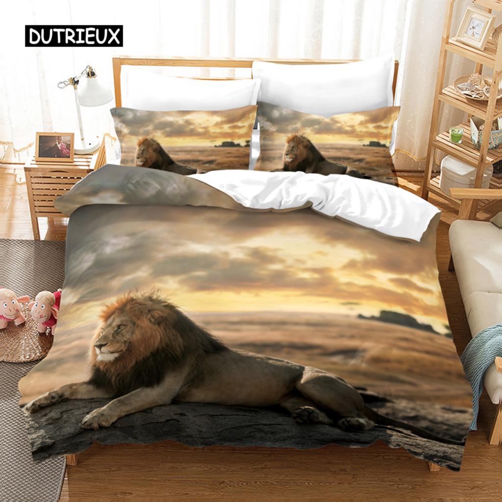 Lion Duvet Cover 3D African Wildlife Bedding Set for Kids Girls Soft Microfiber Quilt Cover with Zipper Closure