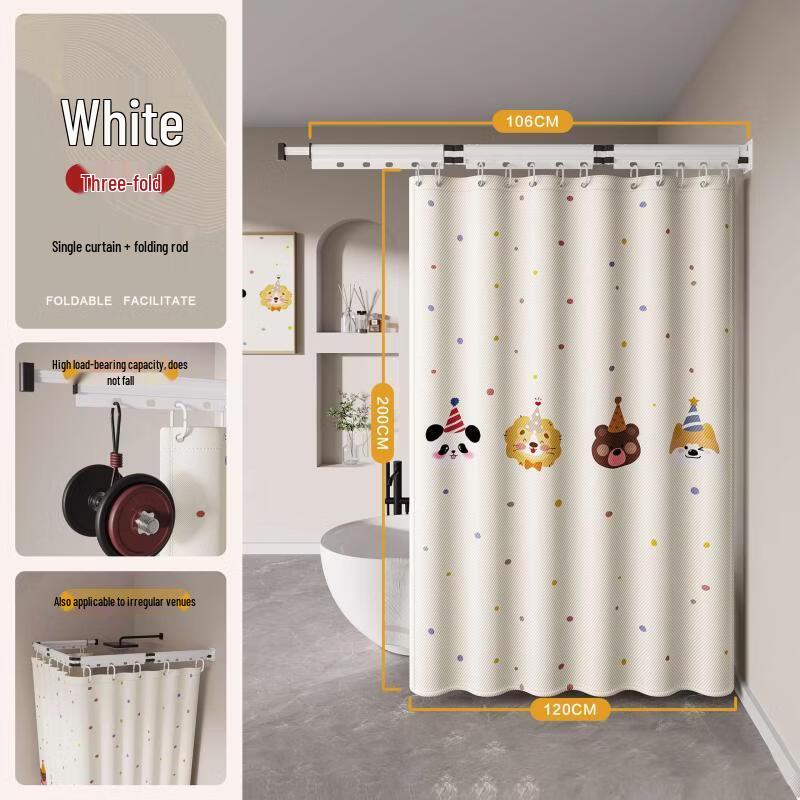 No-Drill Folding Shower Curtain with Rod Set