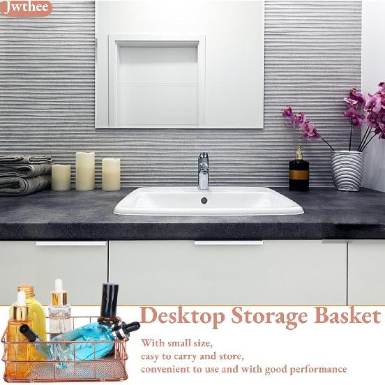 Rose Gold Wire Mesh Basket,Makeup Storage Basket Organizer Metal Desk Drawer Organizer Desktop Holder Tray Metal Grid Fruit Clothing Table Organizing