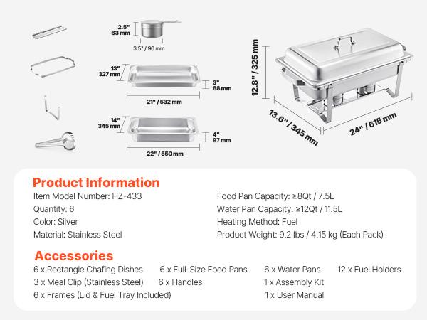 SucceBuy 8Qt 4/6 Packs Chafing Dish Buffet Set Stainless Steel Chafer Rectangle Catering Warmer Server w/Lid Water Pan for Party