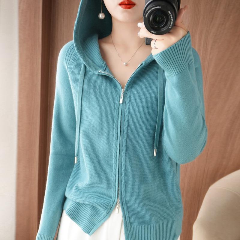 Autumn Sweater Cardigan Women's Wool Hoodie Double Zipper Hooded Sweater Jacket