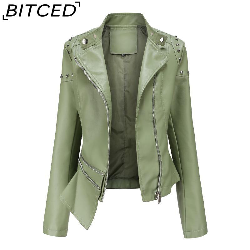 BITCED Studded Fashion Stand Collar Leather Jacket for Women - Solid Colour Spring/Autumn Outerwear - Studded Leather Jacket