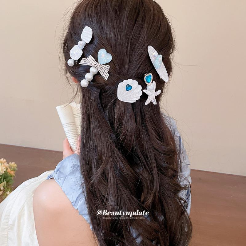 Diamond-encrusted Shell Starfish Pearl Hairpin Set, Sweet and Fashionable, Foreign Style, Duck Bill Clip On the Back of the Head, Light Luxury Niche 