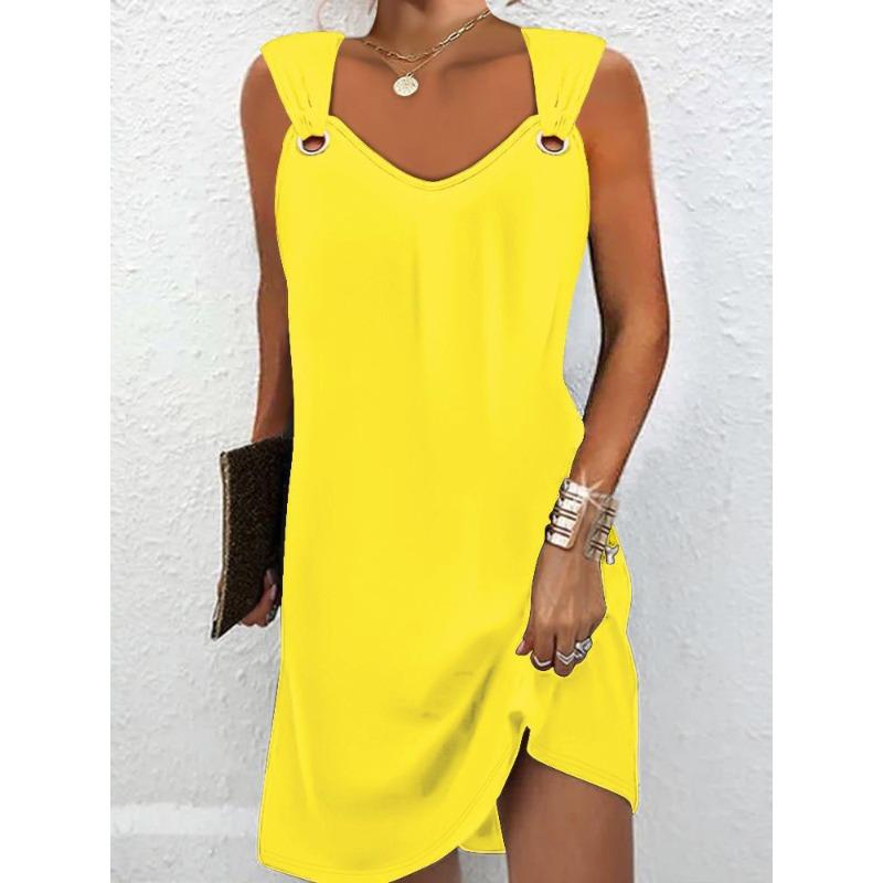QICED Fashion Summer Spring Solid Color Print Sleeveless V-Neck Casual Dresses