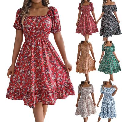 Spódnica damska w kwiaty z kwadratowym dekoltem i krótkim rękawem, w talii, z falbankami i rozcięciem w kształcie litery A