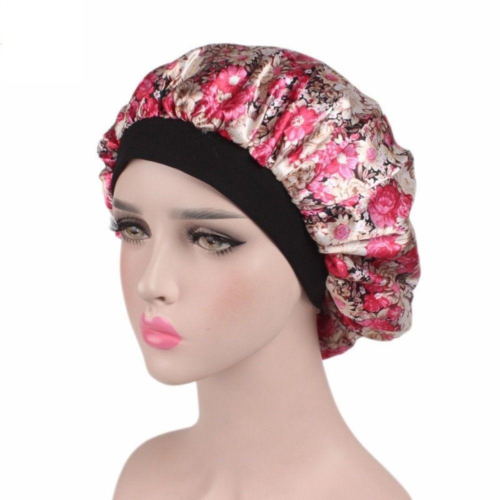 Fashion Floral Pattern Satin Sleep Bonnet Hair Loss Cover Elastic Wide Band Bath Hair Cap Head Wrap Chemo Head Cover Makeup Tool