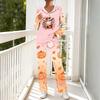 Women's Casual Loose Fit Hooded Long Sleeve V-Neck Pajama Set with Pockets, Halloween Print Loungewear Sleepwear Set