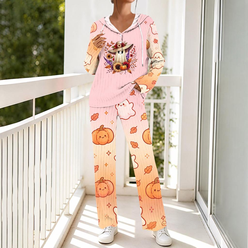 Women's Casual Loose Fit Hooded Long Sleeve V-Neck Pajama Set with Pockets, Halloween Print Loungewear Sleepwear Set
