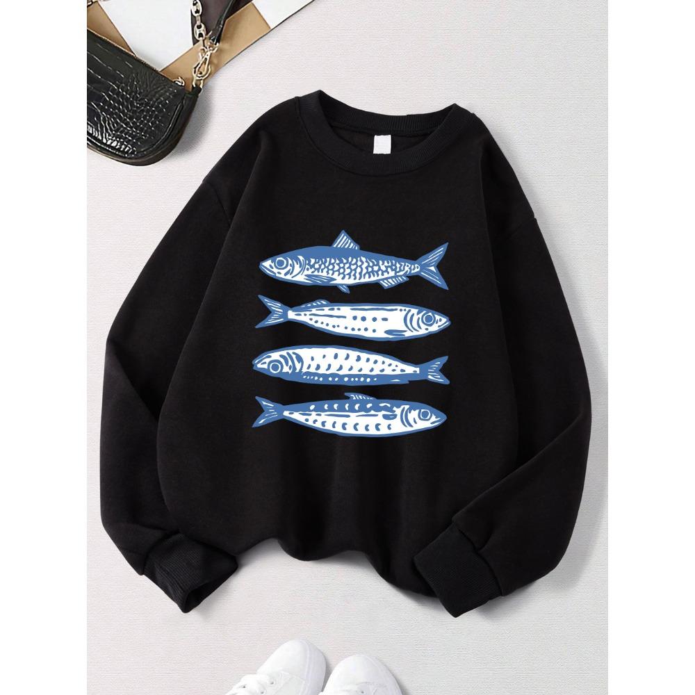 Sardines Blue Printing Sweatshirts Women Crewneck Sporty Hoodies Loose Fleece Warm Pullovers Autumn Comfortable Womans Clothes