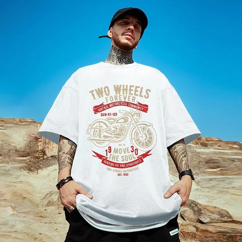 M-8XL Oversized Tshirts  Men's American Retro Motorcycle Short Sleeve T-shirt Large White Round Neck Top Retro Clothing