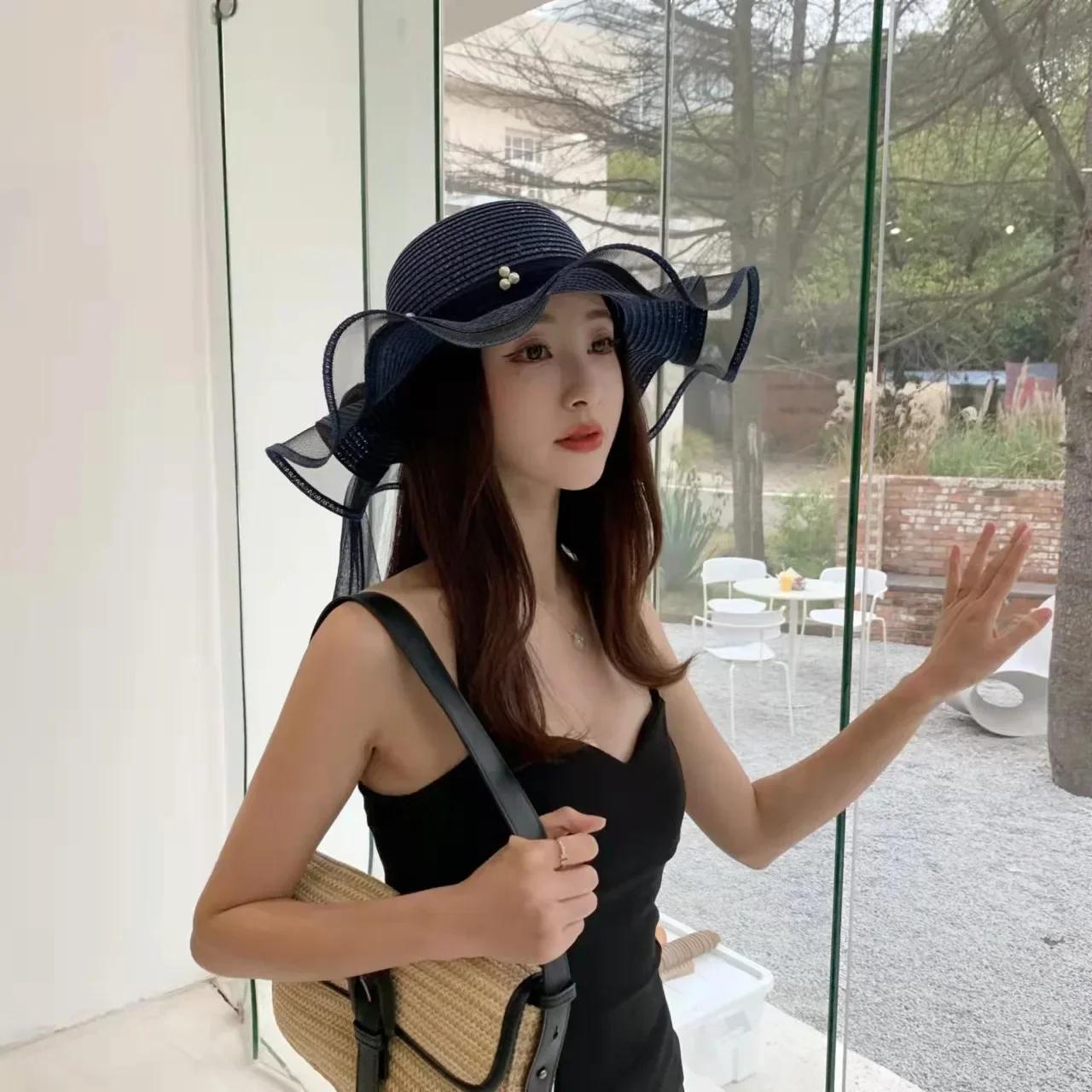 

Новая складная широкополая соломенная шляпа для девочек, жемчужная шляпа от солнца, пляжная защитная шляпа для путешествий и дам, пляжная шляпа N b