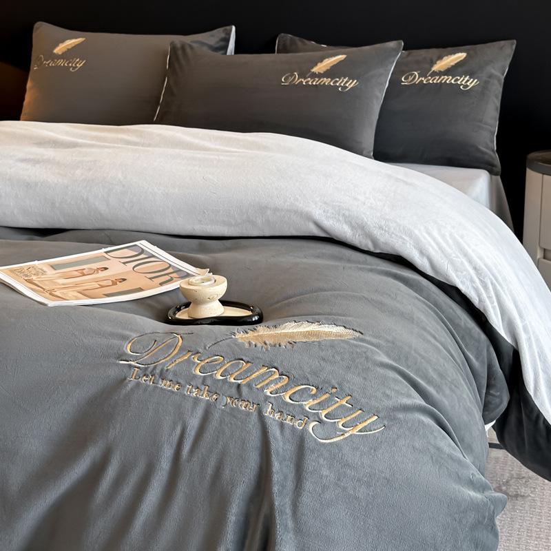 Thickened Milk Fleece Four-Piece Set, Coral Double-Sided Fleece Embroidered Crystal Fleece Quilt Cover, Bed Sheet, Bed Hat Three-Piece Set