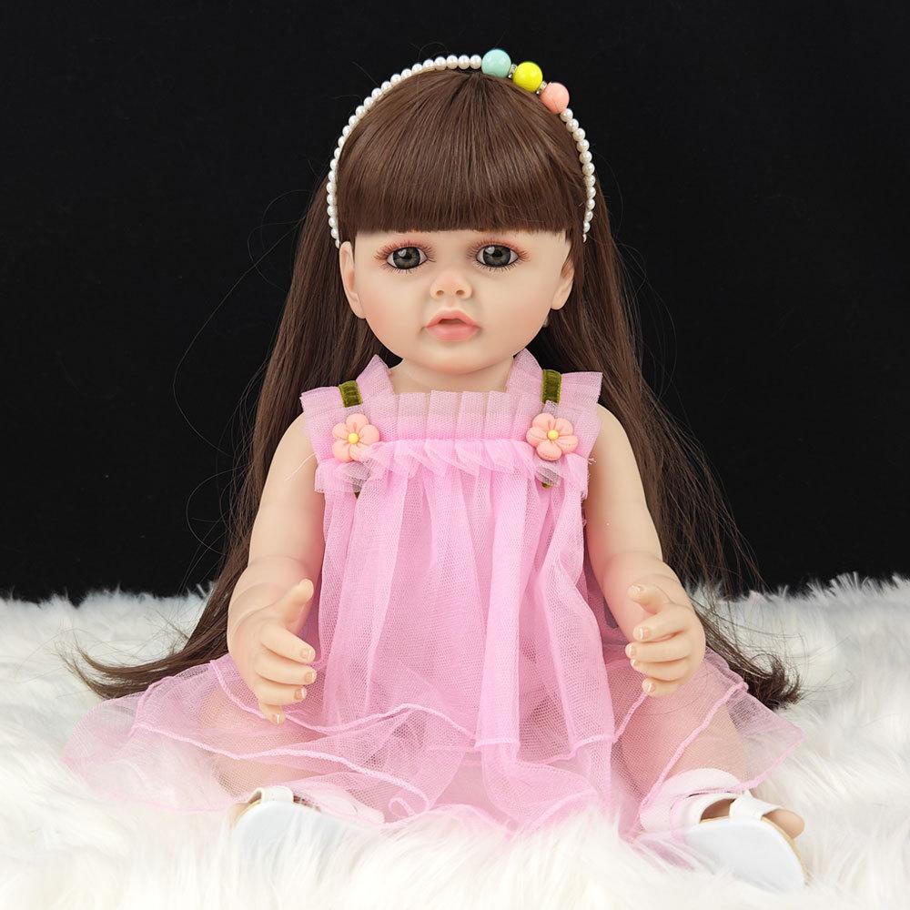 55 cm 22 zoll Lebensechte Reborn Baby Mädchen Puppe Weiche Silikon Lange Braune Haare Realistische Prinzessin Kleinkind Bebe Geburtstag Geschenk