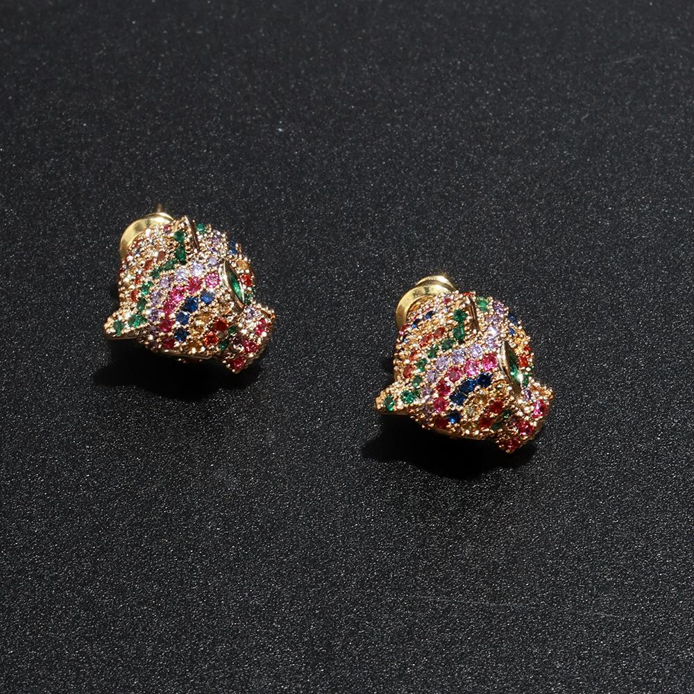 European and American Exaggerated Color Zircon Leopard Head Necklace Earrings Set Luxury Retro Court Style Full of Diamond Jewelry Accessories