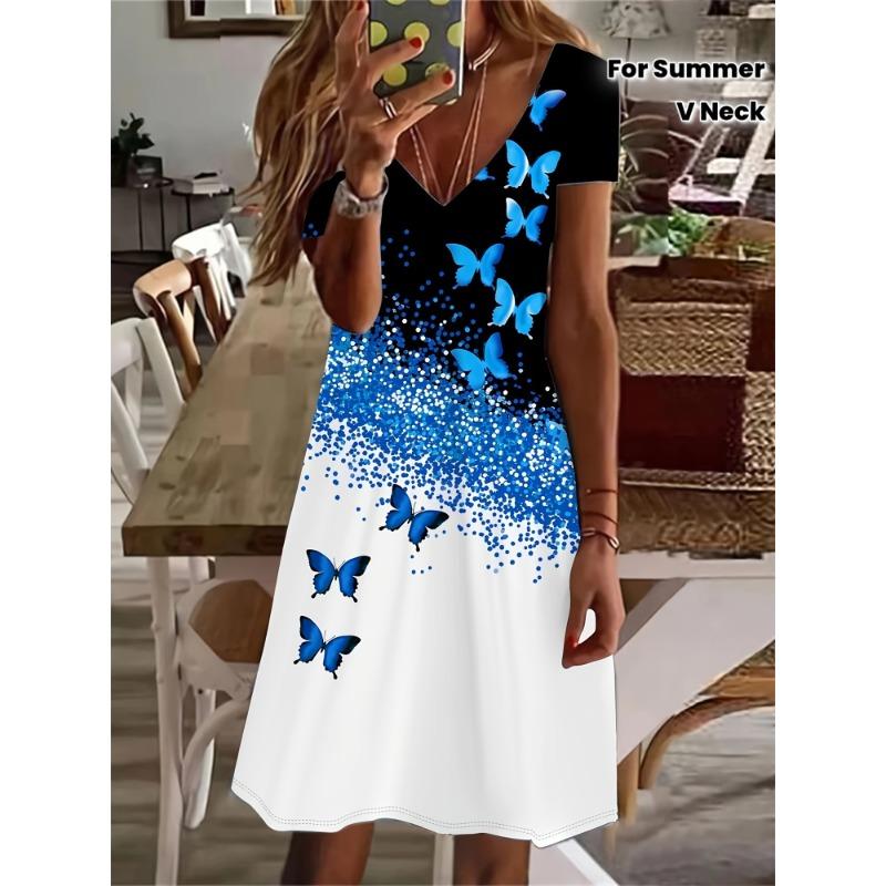 3D Printed Blue Butterfly Print V-neck Dress for Women S