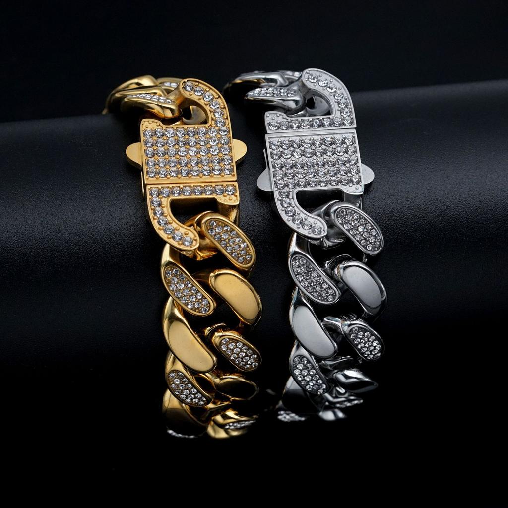 Pvd 18k Gold Color Hip Hop 11MM 15MM 19MM Width 316 Stainless Steel with Two Rows Rhinestone Iced Out Cuban Link Chain Bracelet