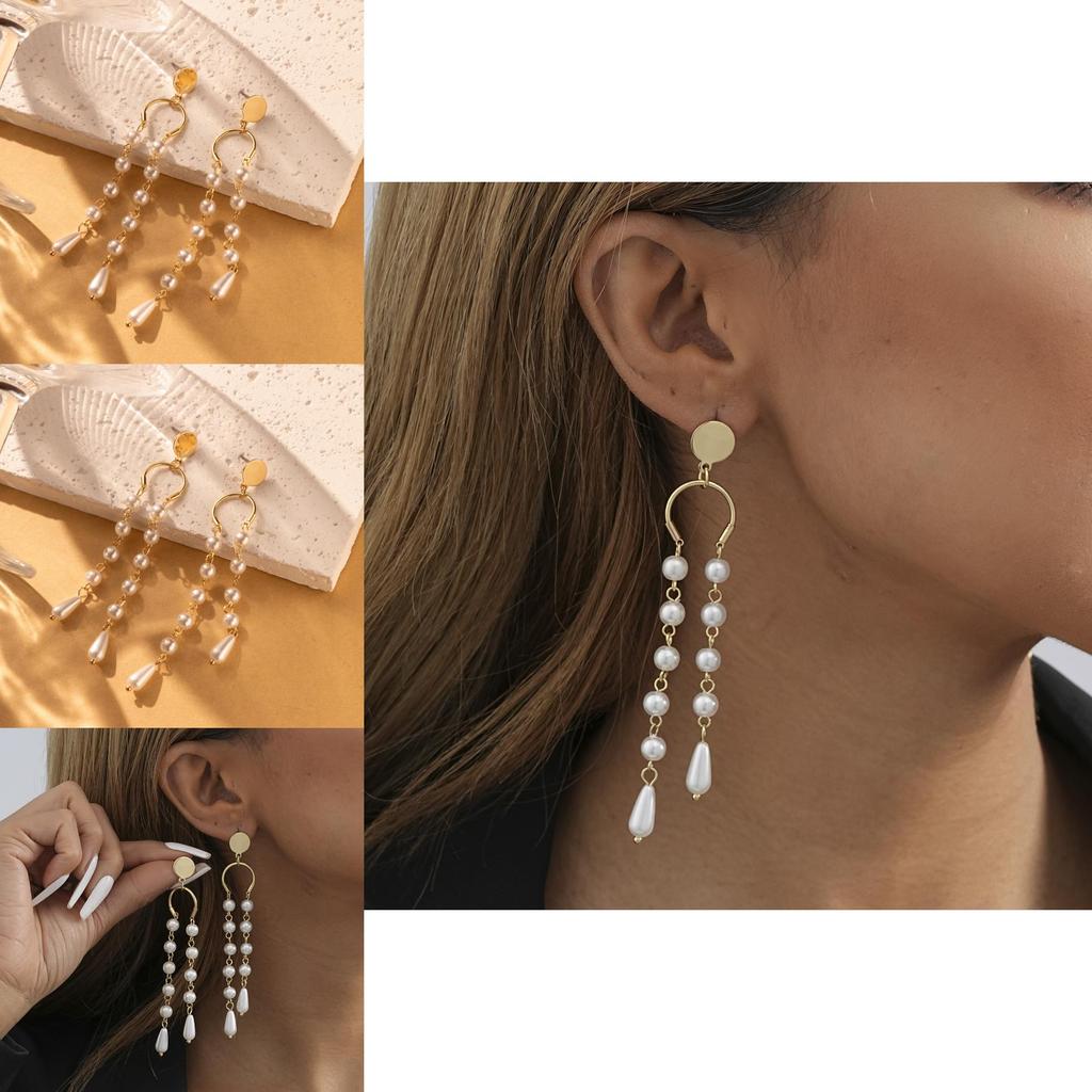 Elegant Asymmetric Tassel Earrings With Faux Pearl Geometric Design For Women