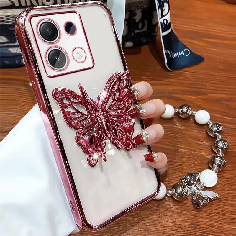 3D Butterfly Phone Holder Bead bracelet Glitter Plating Case for Xiaomi Redmi Note 13 12 11 10 9 8 11S 10S 9S Pro Plus 4G 5G