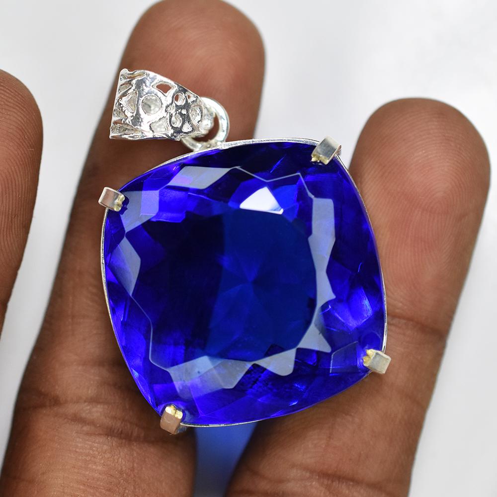 CERTIFIED 88 Ct Square Cushion 925 Sterling Silver Blue Tanzanite Stone Pendant MY-PD-144-NS